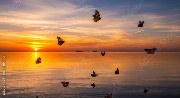 Fototapeta The serene beauty of a sunset over a calm sea, enhanced by the delicate flight of butterflies.

