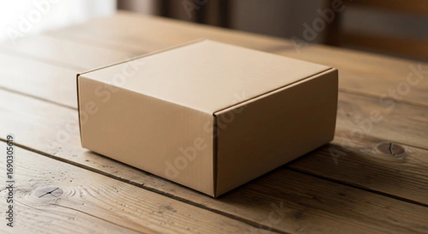Fototapeta A simple, light brown box rests subtly on a warm wooden table.

