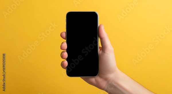 Fototapeta Capturing the everyday connection: a hand and smartphone, set against a cheerful yellow.

