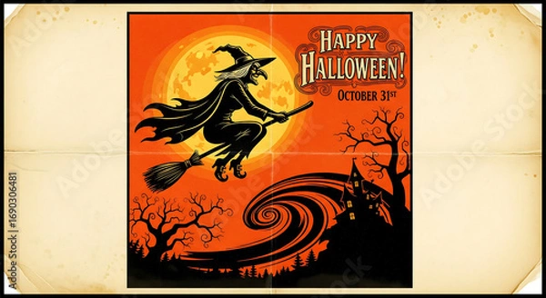 Obraz Spooky vintage witch flies on broomstick against a full moon with haunted house and eerie trees, perfect for Halloween celebrations and festive designs.