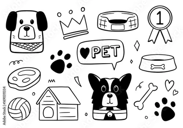 Obraz Dog doodle set on white background. Pet shop Vector illustration