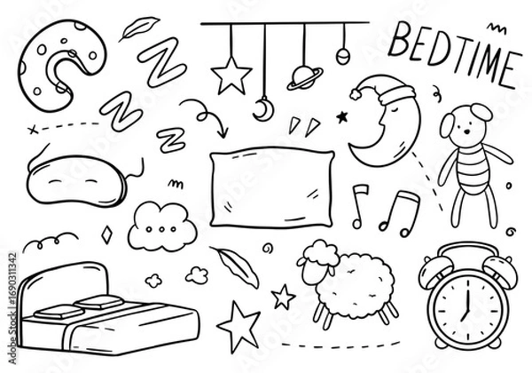 Obraz Bedroom doodle set on white background. Bed time Vector illustration