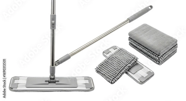 Fototapeta Grey Microfiber Flat Mop with Extendable Stainless Steel Handle and Replaceable Pads.