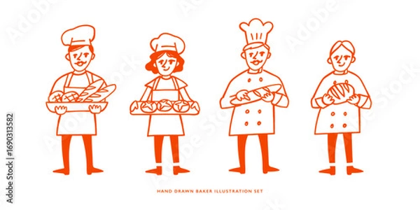 Fototapeta Hand Drawn Cartoon Baker and Chef Illustration
Set with Bread and Pastry in Vintage Doodle Line Art Style for Bakery and Culinary Design