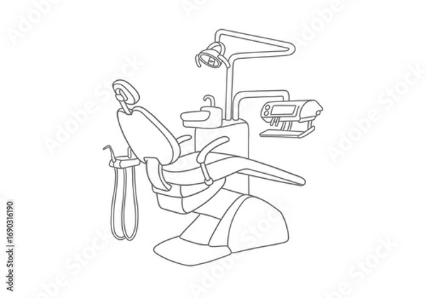 Fototapeta Dental chair drawing. It is a line art sketch of a dental chair, a specialized reclining seat used by dentists for examining and treating patients' teeth and oral health. Vector sketch line art draw.