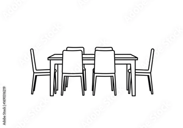 Fototapeta Dining table and chairs drawing. A line art sketch of a dining table with chairs, set designed for meals and gatherings, commonly found in dining rooms or kitchens. Vector sketch line art draw.