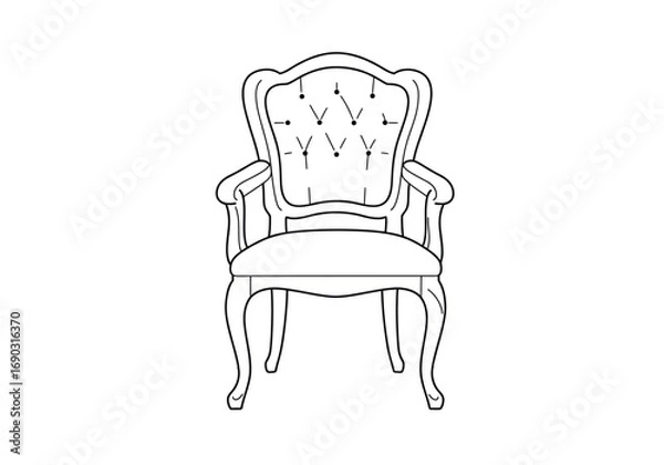 Fototapeta Fancy chair drawing. It is a line art sketch of a fancy chair, an ornate and upholstered piece of furniture with a tufted back, suggesting a vintage or luxurious style. Vector sketch line art draw.