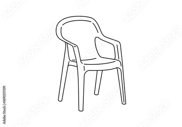 Fototapeta Plastic chair drawing. A line art sketch of a plastic chair, a common and durable piece of furniture indoor and outdoor seating due to its lightweight. Vector sketch line art draw.