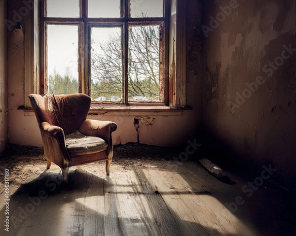 Obraz Old room with window and an old armchair in an abandoned house.
