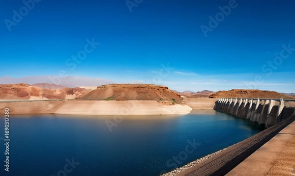 Obraz Man-made reservoir, with low water level, highlighting the issue of water shortage due to climate change and irrigation.