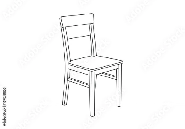 Fototapeta Wooden chair drawing. A line art sketch of a simple wooden chair, a classic and sturdy piece of furniture made from natural wood, suitable for various interior settings. Vector sketch line art draw.