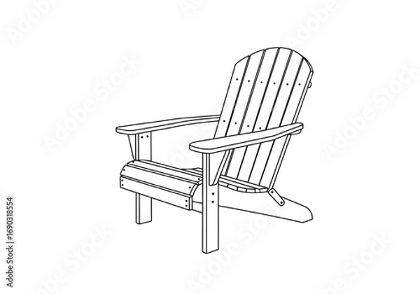 Fototapeta Adirondack chair drawing. A line art sketch of an Adirondack chair, a rustic wooden outdoor chair with a tall, slatted back and wide armrests, perfect for relaxation. Vector sketch line art draw.