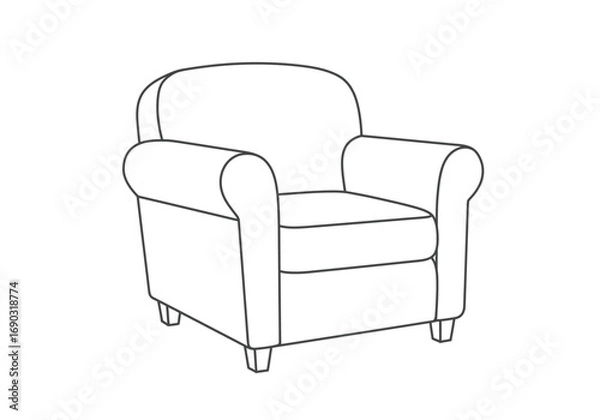 Fototapeta Arm chair drawing. It is a line art sketch of an armchair, a comfortable upholstered chair with armrests, perfect for a living room or lounge area. Vector sketch line art draw.