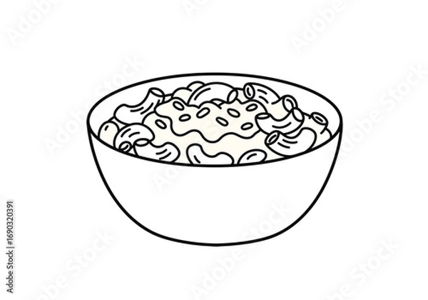 Fototapeta Macaroni and cheese drawing. It is a line art sketch of a bowl of macaroni and cheese, a popular comfort food dish featuring cooked pasta mixed with a cheesy sauce. Vector sketch line art draw.