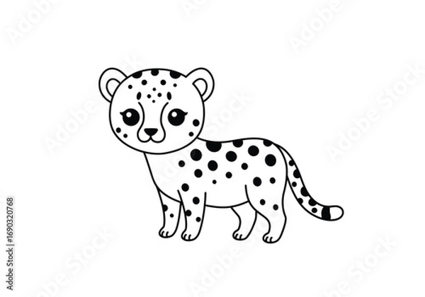 Fototapeta Kawaii cute cheetah drawing. It is a line art sketch of a cute cheetah cub in a kawaii style, a spotted feline animal with an adorable and charming expression. Vector sketch line art draw.