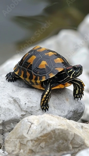 Fototapeta Tortoise slowly traversing a rocky trail, showcasing its determination and resilience