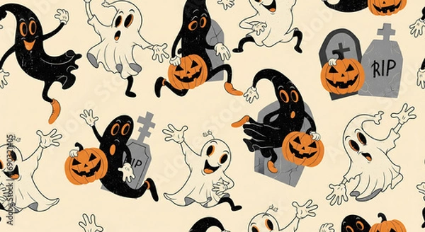 Fototapeta Playful Halloween ghosts with jack-o'-lanterns and tombstones creating a fun, festive seamless pattern, perfect for spooky seasonal designs
