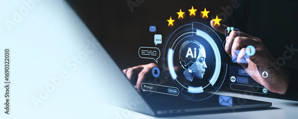 Fototapeta AI interface with star rating and customer feedback concept on d