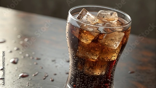 Fototapeta Refreshing Cola with Ice Cubes on a Wooden Table