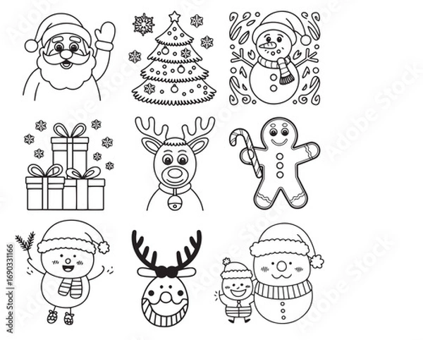 Obraz Christmas santa illustration elements vector line drawing set isolated on a white background