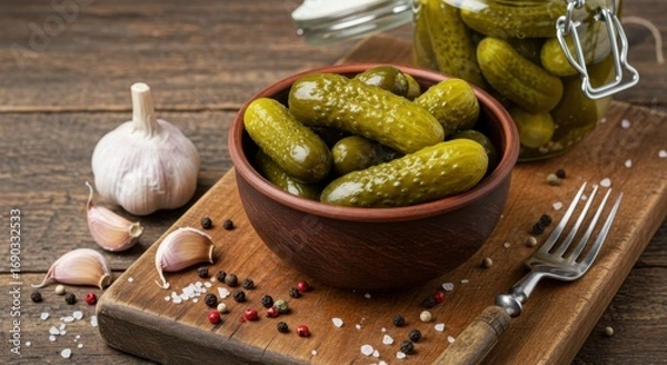 Fototapeta Rustic Pickled Cucumbers and Gherkins in Bowl and Jar with Garlic and Spices – Homemade Food Photography 