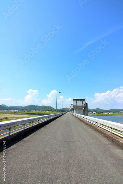 Fototapeta 爽やかな青空と川に架かる一本道