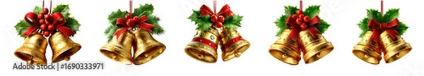 Fototapeta Set of Festive Christmas Bells with Holly and Berries for Holiday Design on transparent background