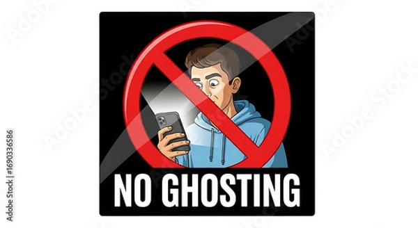 Fototapeta Stop ghosting! Young man shocked by phone message, a modern symbol of online dating and communication problems