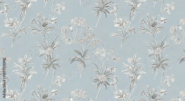 Fototapeta Light blue seamless pattern with delicate botanical floral elements