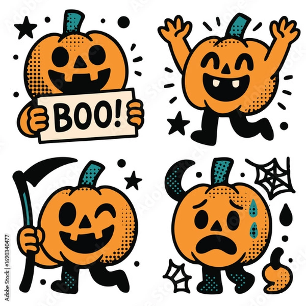 Fototapeta Playful Halloween pumpkins with various expressions and poses