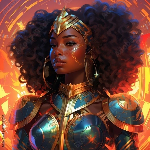 Fototapeta Warrior woman with curly hair in a vibrant, futuristic armor, set against a fiery abstract background