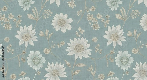 Fototapeta Teal seamless pattern with white daisylike flowers and foliage