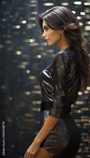Fototapeta Elegant woman in a stylish outfit posing with confidence against a shimmering backdrop that enhances her graceful silhouette