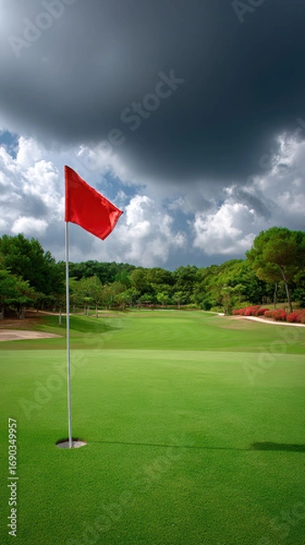 Fototapeta Serene golf hole features vibrant red flag against backdrop of dramatic clouds and lush greenery, creating picturesque scene
