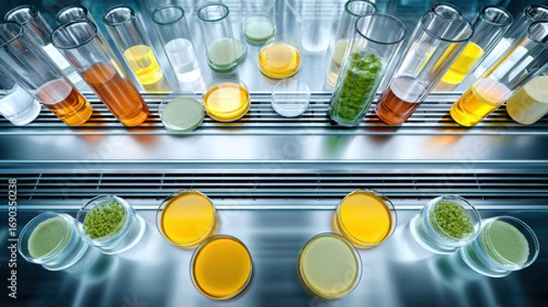 Fototapeta Laboratory filled with various glass containers, showcasing colorful liquids and substances, creating vibrant and sterile environment