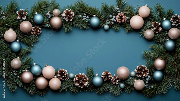 Fototapeta Festive evergreen border with bauble pinecone berry frosted detail teal gold winter holiday frame copy space