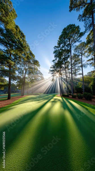 Fototapeta Serene golf course fairway bathed in early morning light, showcasing vibrant green grass and long shadows cast by tall trees