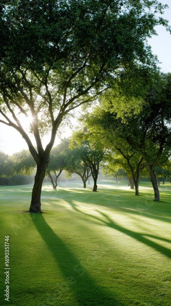 Fototapeta Serene golf course scene features lush green grass and tall trees casting long shadows in early morning light, creating peaceful atmosphere