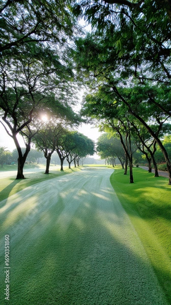 Fototapeta Serene golf course fairway surrounded by lush green trees, illuminated by early morning sunlight, creates peaceful atmosphere