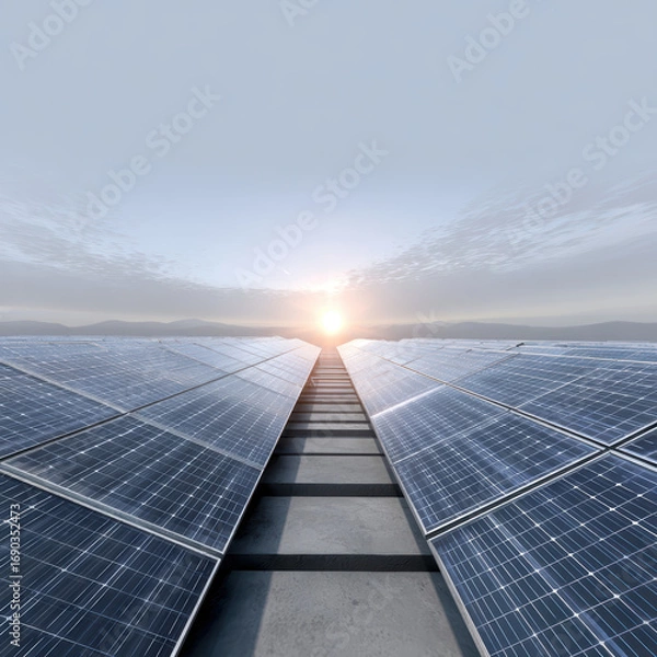 Fototapeta Serene solar panel landscape captures sun rising over vast array of solar panels, symbolizing renewable energy and sustainability