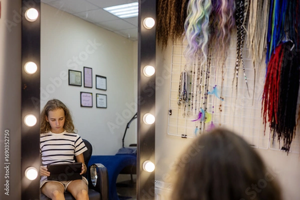 Obraz Preparing for a creative makeover in a stylish salon with vibrant hair accessories and thoughtful reflection