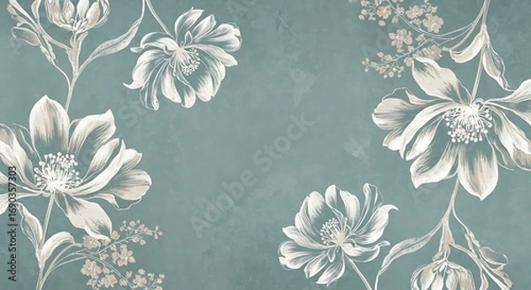 Fototapeta Elegant white floral pattern on a muted teal textured background