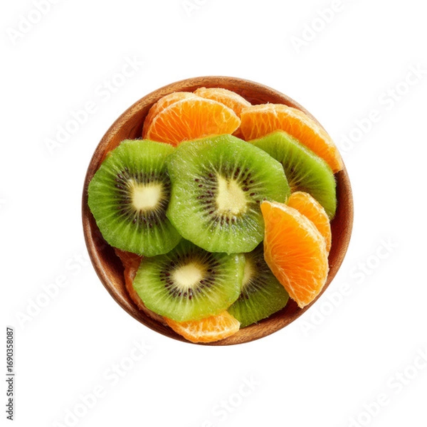 Fototapeta Fresh Kiwi and Mandarin Orange Slices in Wooden Bowl - Top View