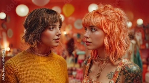 Fototapeta Two beautiful young women facing each other and looking. They are with different hair color, different outfits, and each of them expresses a different attitude