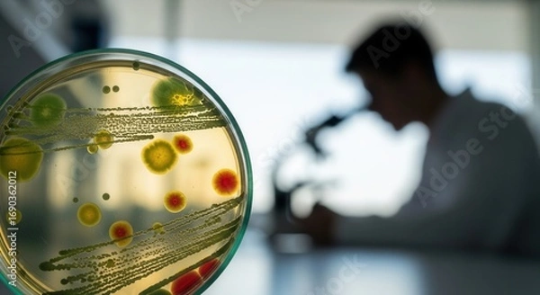 Fototapeta Close-up of a petri dish with bacterial colonies in laboratory research setting depicting