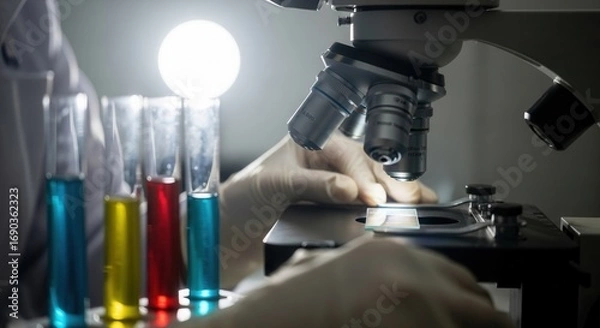 Fototapeta Close-up of laboratory research with microscope and test tubes, focused on scientific exploration