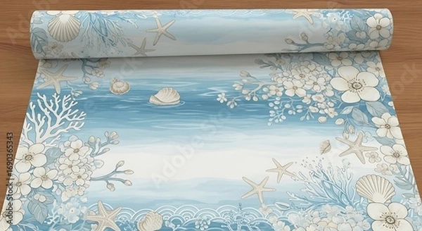 Fototapeta Rolled fabric with blue ocean and coral reef pattern