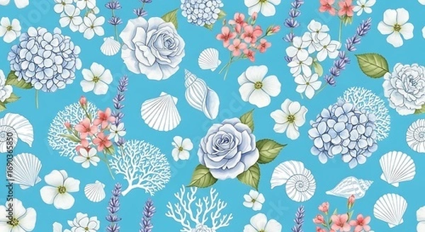 Fototapeta Blue floral and seashell pattern on bright blue background