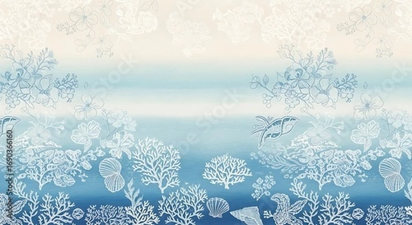 Fototapeta Underwater coral reef pattern with blue and white elements