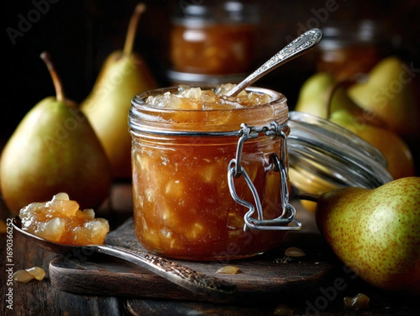 Fototapeta A jar of homemade pear chutney with fresh pears beside it
